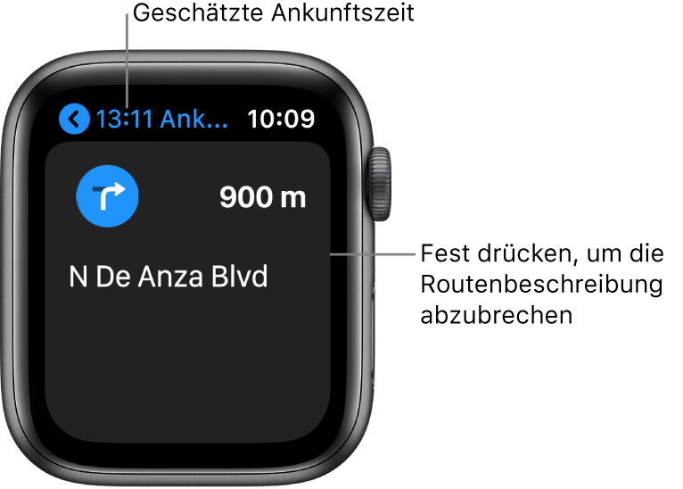 Die App „Karten“ zeigt oben links die geschätzte Ankunftszeit, den Namen der Straße, bei der du abbiegen musst, und die Entfernung bis zum Abbiegen. Eine Legende mit dem Text: „Kräftig drücken, um Route zu beenden“ weist auf das Display.