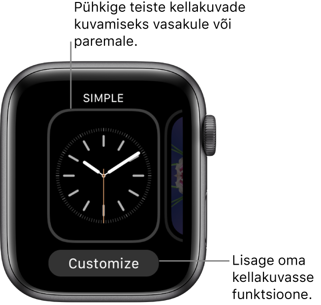 Kui vajutate kindlalt kellakuva, siis kuvatakse praegune kellakuva nupuga Customize allosas. Pühkige teiste kellakuvade nägemiseks vasakule või paremale. Soovitud funktsioonide lisamiseks puudutage Customize.