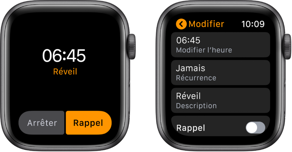 Deux écrans de la montre : L’un montre un cadran avec un bouton pour répéter le réveil, l’autre montre les réglages Modifier avec la commande de rappel vers le bas.