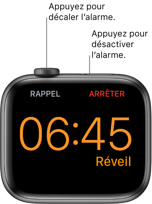 Apple Watch placée sur sa tranche, l’écran affichant un réveil arrêté. Le mot « Rappel » est affiché sous la Digital Crown. Le mot « Arrêter » est situé sous le bouton latéral.