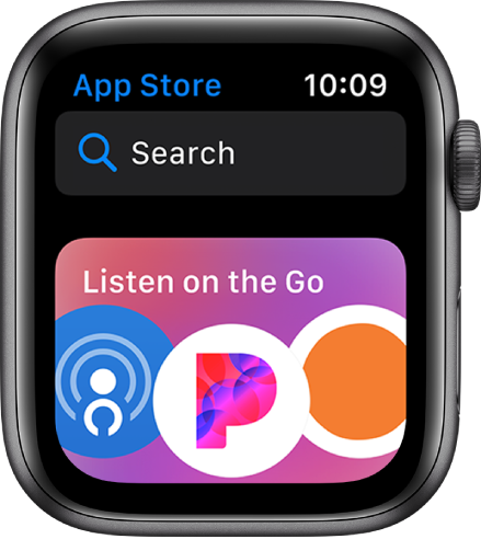 Apple Watch pulkstenis, kurā ir redzama lietotne App Store. Displeja augšdaļā ir redzams meklēšanas lauks, zem kura atrodas lietotņu kolekcija.