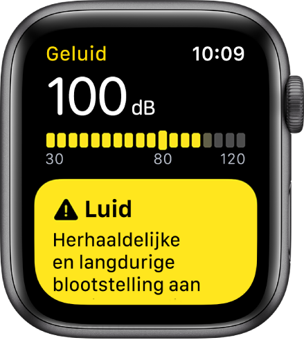 De Geluid-app met een meting van 100 dB. Eronder staat een waarschuwing voor langdurige blootstelling aan dit geluidsniveau.