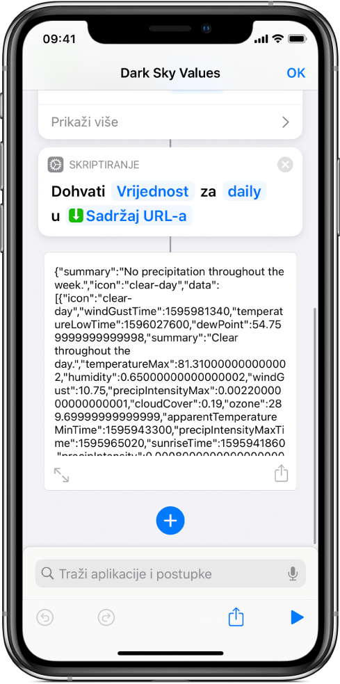 Radnja Dohvati vrijednost rječnika u uredniku prečaca s ključem koji je postavljen na opciju dnevno.