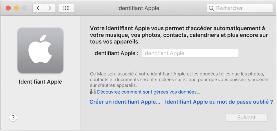 Zone de dialogue « Identifiant Apple », dans laquelle vous pouvez saisir un identifiant Apple. Un lien « Créer un identifiant Apple » vous permet de créer un nouvel identifiant Apple.