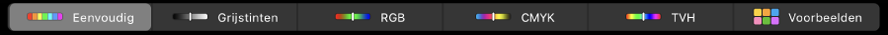 De Touch Bar met van links naar rechts de kleurenmodi 'Eenvoudig', 'Grijstinten', 'RGB', 'CMYK' en 'HSB'. Uiterst rechts zie je de knop 'Voorbeelden'.