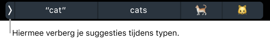 Suggesties voor woorden en emoji's, met aan de linkerkant de knop om de suggesties tijdens het typen te verbergen.