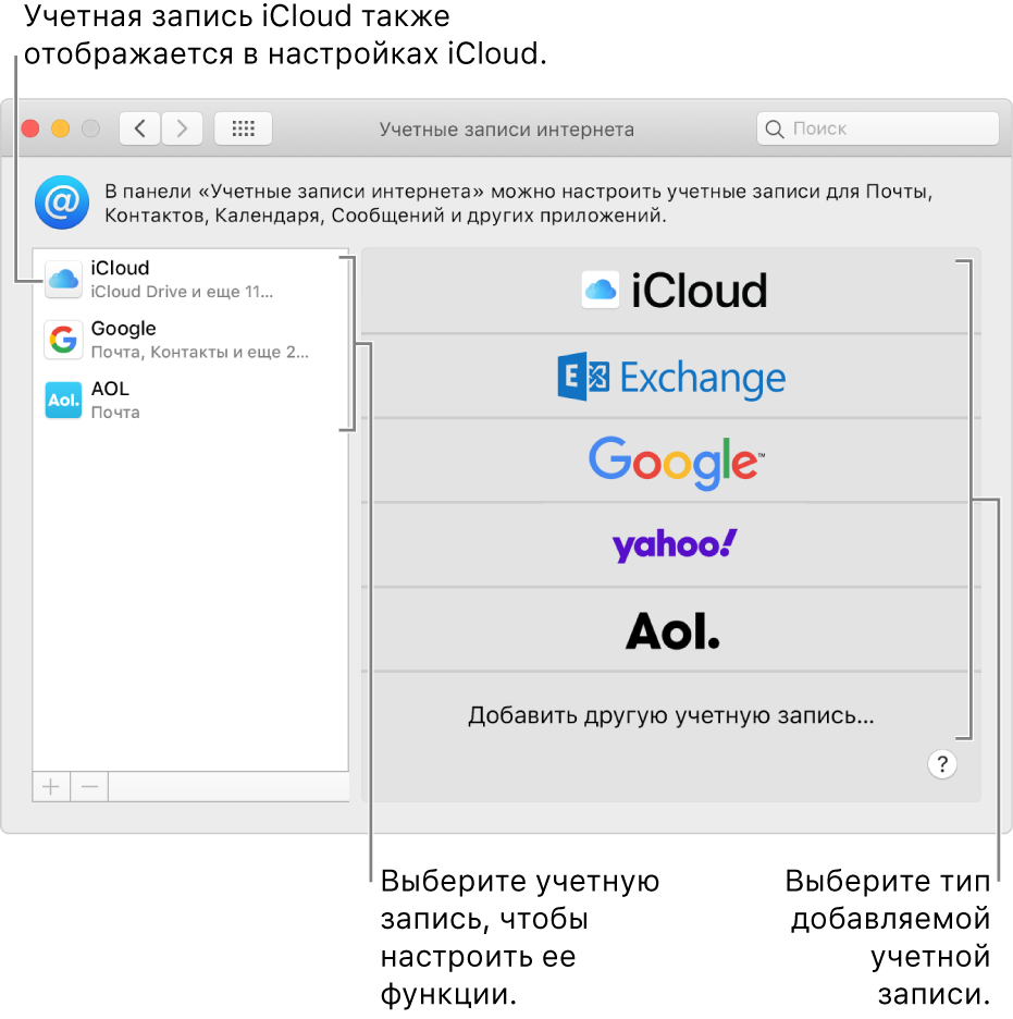 Раздел настроек «Учетные записи Интернета» с учетными записями справа и доступными типами учетных записей слева.