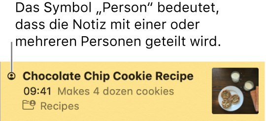 Wenn bei einer Notiz das Symbol „Personen“ links neben dem Titel angezeigt wird, wurde die Notiz mit einer oder mehreren Personen geteilt.