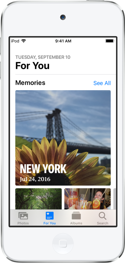 La pestaña Para ti con una colección de varios recuerdos. Cada recuerdo tiene una portada, un título y un subtítulo. Debajo del encabezado "Para ti" de la parte superior derecha se encuentra el botón "Ver todos", que te muestra todos tus recuerdos.