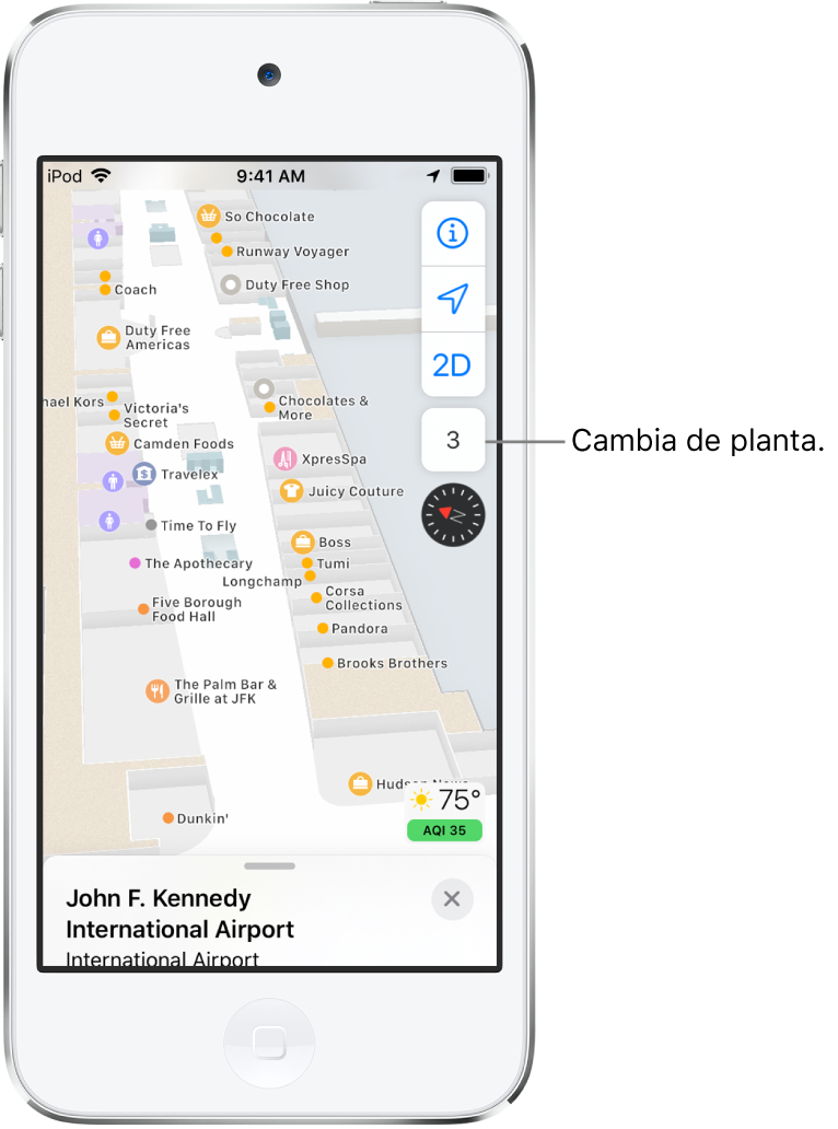 Un mapa interior de la terminal de un aeropuerto. El mapa muestra negocios y baños.
