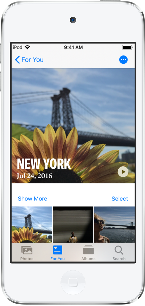 Una pantalla de recuerdos mostrando un video en la parte superior. Debajo del video se encuentra una colección de fotos.
