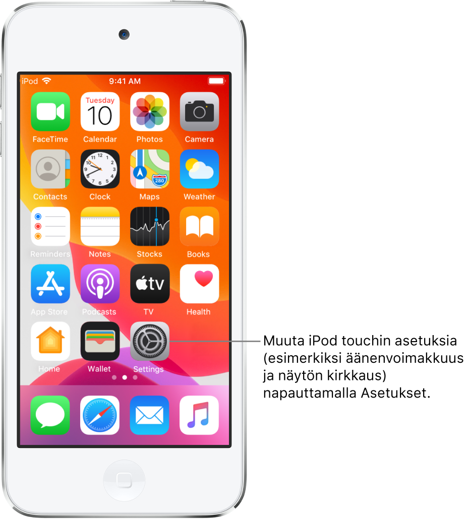 iPod touchin Koti-valikko, jossa näkyy useita kuvakkeita, muun muassa Asetukset-kuvake, jota napauttamalla voit muuttaa esimerkiksi iPod touchin äänenvoimakkuutta ja näytön kirkkautta.