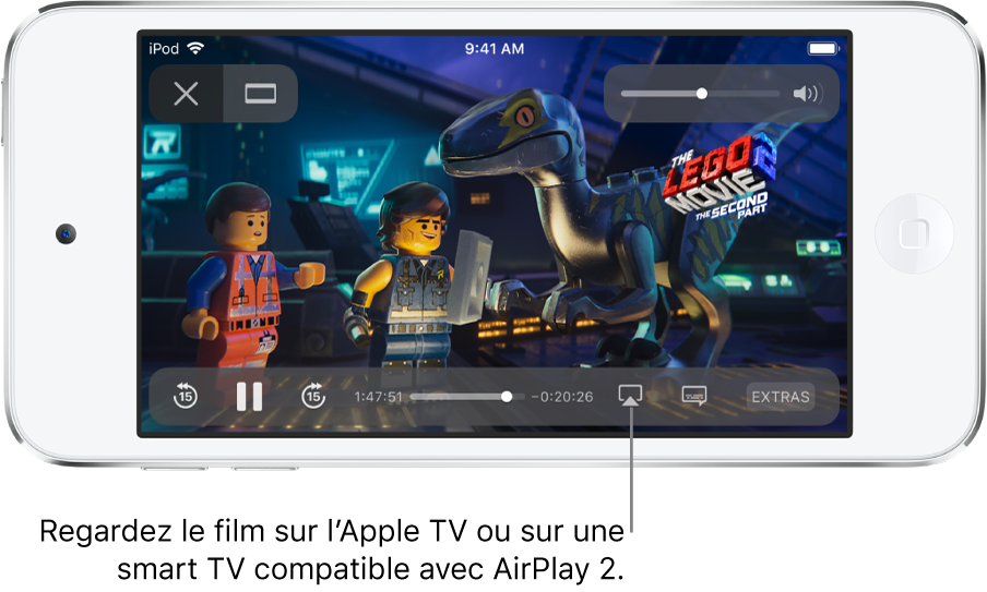 Un film en cours de lecture sur l’écran de l’iPod touch. En bas de l’écran se trouvent les commandes de lecture, notamment le bouton « Recopie de l’écran » en bas à droite.