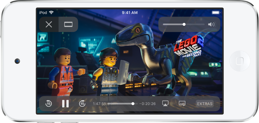 Un filmato in riproduzione, con i controlli visualizzati. In alto a sinistra sono presenti i pulsanti Fine e “Adatta per riempire”. Il cursore per il volume è in alto a destra. In basso a sinistra, sono presenti i pulsanti per andare indietro di 15 secondi, per mettere in pausa e per andare avanti di 15 secondi. In basso al centro è presente un cursore che puoi trascinare per regolare la posizione del video; il tempo trascorso e il tempo rimanente vengono mostrati ai due lati del cursore. In basso a destra sono presenti i pulsanti per modificare la destinazione del video, mostrare i sottotitoli e riprodurre contenuti extra.