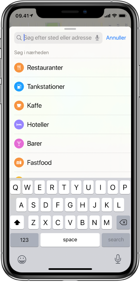 En liste med seks tjenester, der vises under søgefeltet. Tjenesterne er Restauranter, Benzinstationer, Kaffe, Hoteller, Barer og Fast food.