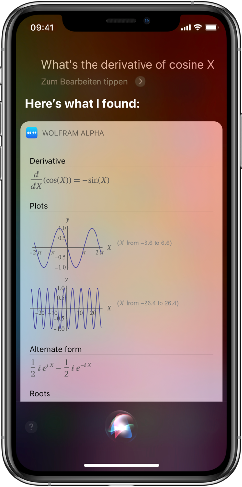Eine Antwort auf die Frage „Wie alt wurde Walt Disney?“ Auf dem Bildschirm werden von oben nach unten eine Gleichung, zwei Diagramme und zusätzliche Informationen angezeigt.