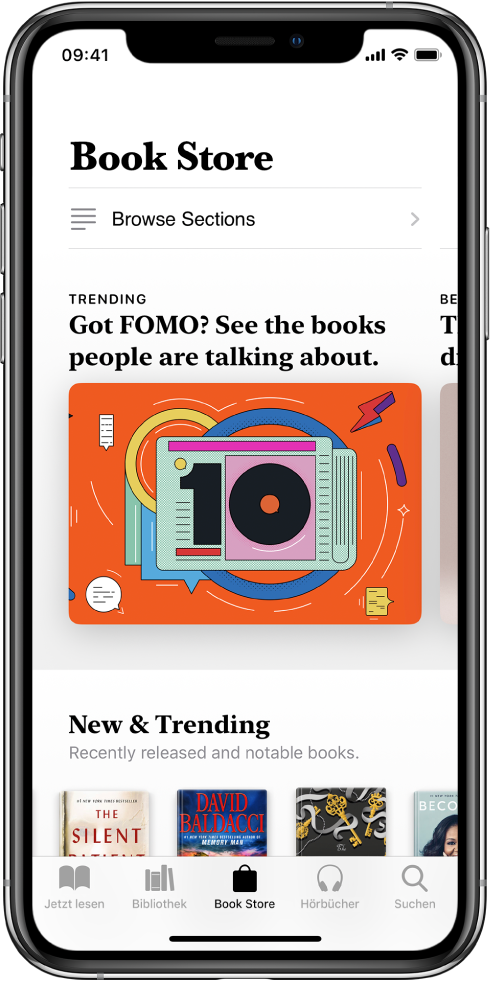 Ein Bildschirm des Book Store in der App „Bücher“. Unten auf dem Bildschirm sind von links nach rechts die Tabs „Jetzt lesen“, „Bibliothek“, „Book Store“, „Hörbücher“ und „Suchen“ zu sehen, wobei der Tab „Book Store“ ausgewählt ist. Auf dem Bildschirm sind auch Bücher verschiedener Kategorien zu sehen, die durchsucht und erworben werden können.
