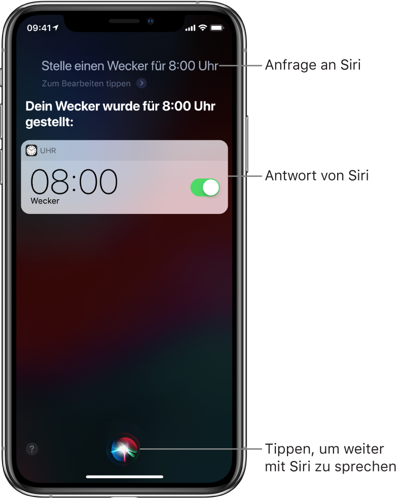 Der Siri-Bildschirm mit dem Befehl an Siri „Stelle einen Wecker für 8:00 Uhr“ und der Antwort von Siri, dass der Auftrag erledigt ist. Eine Mitteilung der App „Uhr“ zur Bestätigung, dass der Wecker auf 8:00 Uhr eingestellt wurde. Die Taste ganz unten in der Mitte dient dazu, die Konversation mit Siri fortzusetzen.