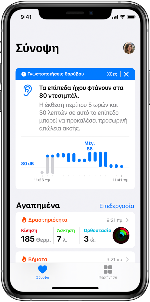 Μια οθόνη «Σύνοψη», όπου εμφανίζεται μια γνωστοποίηση θορύβου στο πάνω μέρος, και συνόψεις δύο αγαπημένων από κάτω: Δραστηριότητα και Βήματα.