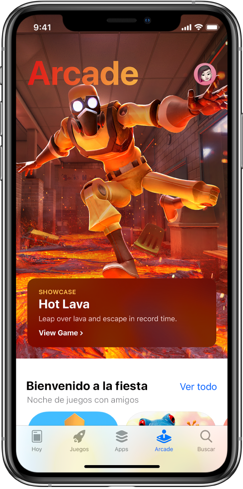 La pantalla de Arcade de App Store mostrando un juego destacado. En la esquina superior derecha se encuentra tu imagen de perfil, la cual puedes tocar para ver tus compras y administrar tus suscripciones. En la parte inferior se muestran, de izquierda a derecha, las pestañas Hoy, Juegos, Apps, Arcade y Buscar.