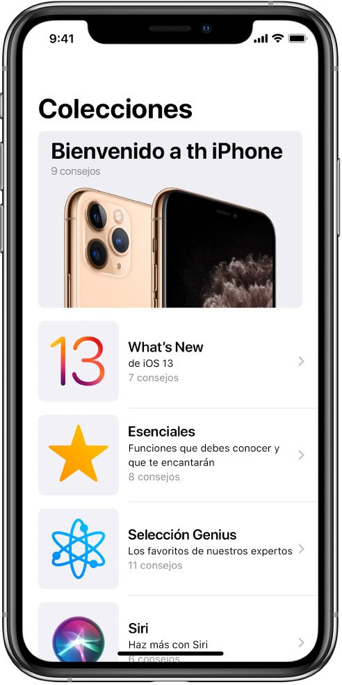 Una pantalla mostrando colecciones de Consejos con flechas que indican que puedes tocar una colección para ver consejos.