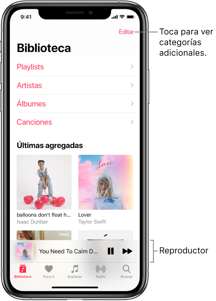 La pantalla Biblioteca mostrando una lista de categorías, incluyendo Playlists, Artistas, Álbumes y Canciones. Debajo de la lista aparece el encabezado "Agregadas recientemente". El reproductor mostrando el título de la canción actual y los botones Pausa y Siguiente, que aparecen cerca de la parte inferior.
