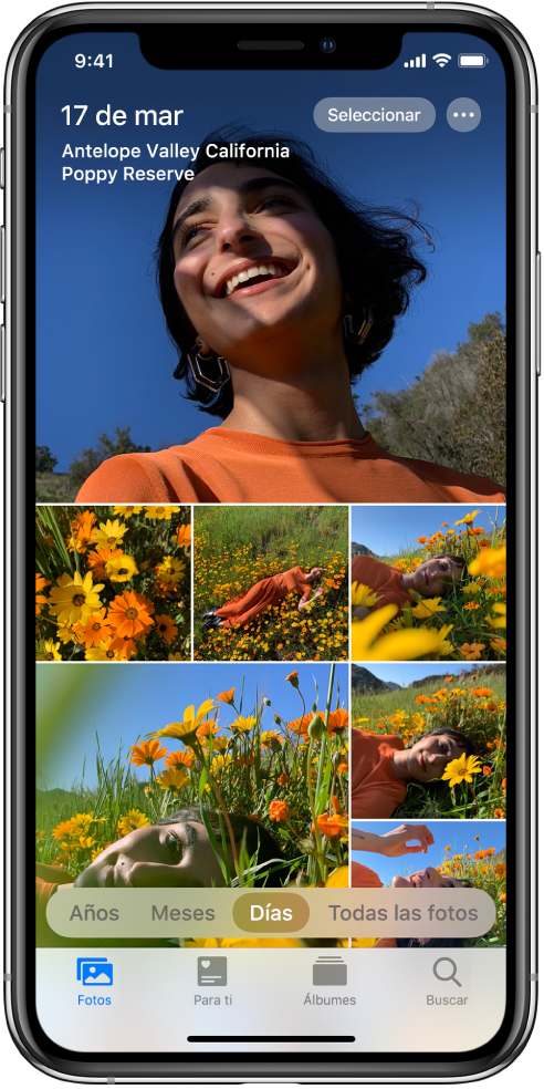 La fototeca en la vista por días. Una selección de miniaturas de fotos llena la pantalla. En la parte superior izquierda de la pantalla están la fecha y la ubicación en las que se tomaron las fotos. En la parte superior derecha están los botones Seleccionar y "Más opciones"; toca Seleccionar para compartir fotos; toca "Más opciones" para ver detalles de fotos. Debajo de las miniaturas están las opciones para ver la fototeca por años, meses, días y todas las fotos. A lo largo de la parte inferior están las pestañas Fotos, Para ti, Álbumes y Buscar.