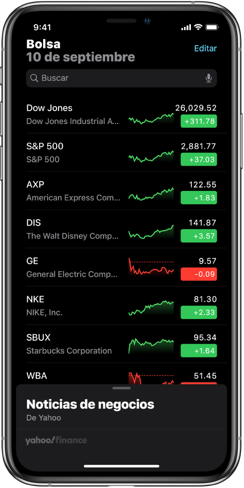 Una lista de seguimiento mostrando varias acciones. Cada acción en la lista muestra, de izquierda a derecha, el símbolo y nombre de la acción, una gráfica de rendimiento, el precio la acción y los cambios en su precio. En la parte superior de la pantalla, arriba de la lista de seguimiento, está el campo de búsqueda. Debajo de la lista de seguimiento está Business News. Desliza hacia arriba sobre Business News para ver artículos.