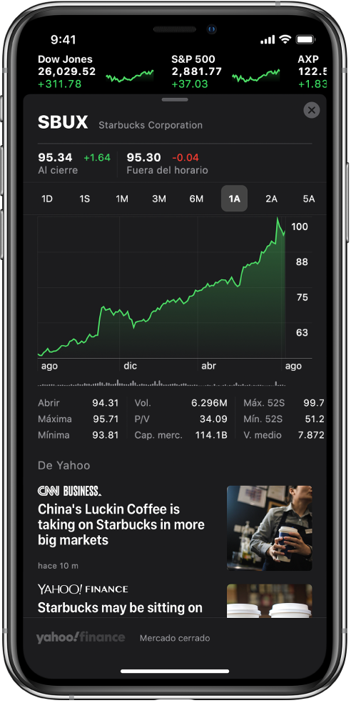 En el centro de la pantalla hay una gráfica que muestra el rendimiento de una acción durante un año. Arriba de la gráfica hay botones que permiten mostrar el rendimiento del valor en un día, una semana, tres meses, seis meses, un año, dos años y cinco años. Debajo de la gráfica hay detalles de la acción, incluyendo el precio de apertura, los valores máximo y mínimo y la capitalización de mercado. Debajo de la gráfica hay artículos de Apple News relacionados con la acción.