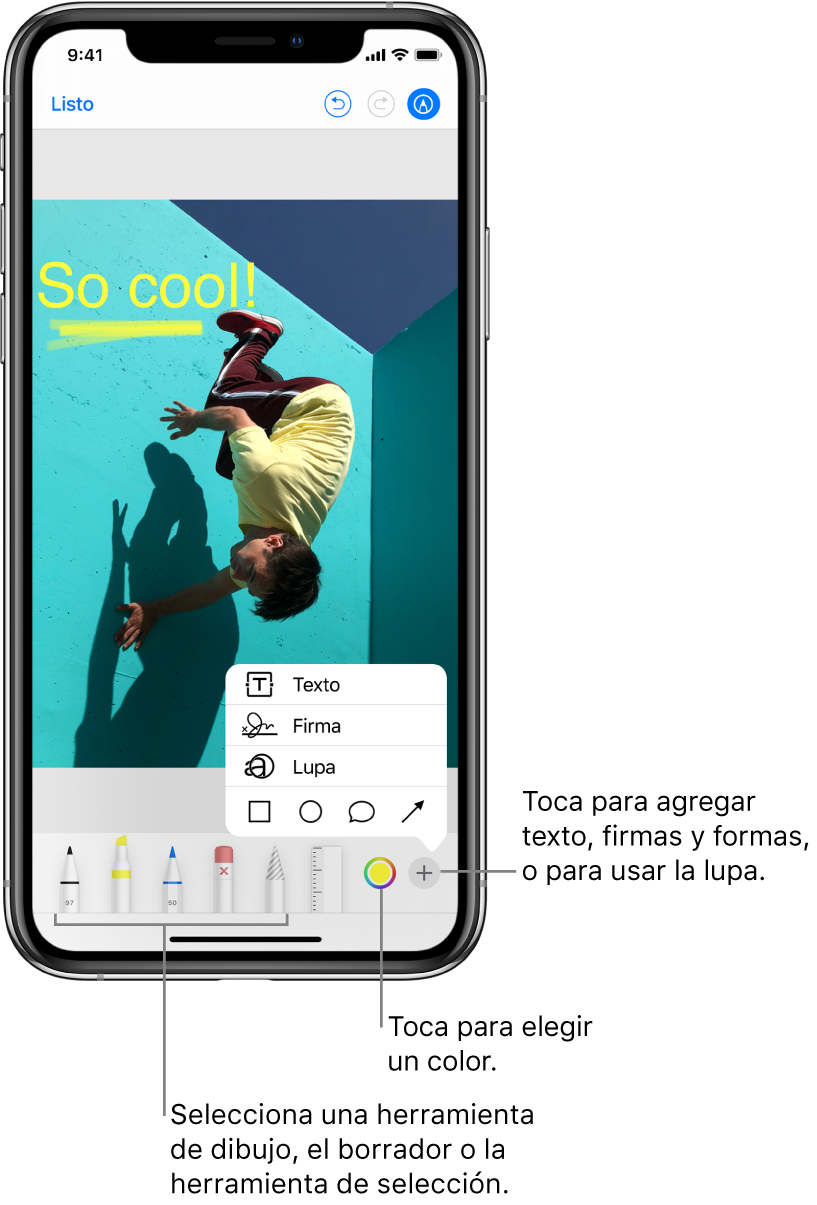 Una imagen en una ventana de Marcado. Debajo de la imagen, de izquierda a derecha, están los botones de las herramientas de marcado, lápices, borrador, herramientas de selección, colores y botones para agregar una caja de texto, tu firma, figuras y la opción para activar la Lupa.