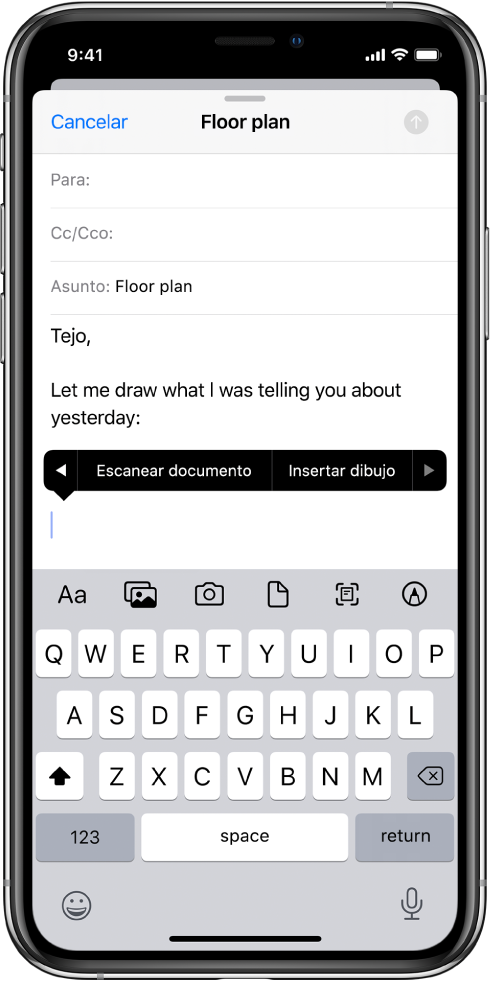 Se está redactando el borrador de un correo; en el centro de la pantalla hay un botón para insertar un dibujo.