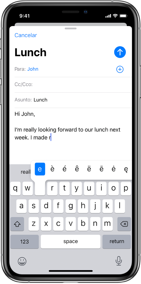 Pantalla con caracteres alternativos para la tecla “e”.