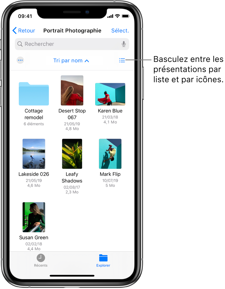 Un emplacement iCloud Drive pour les fichiers de Photographie. Les éléments sont triés par nom et se composent d’un dossier nommé « Rénovation maison de campagne » et de six documents : Halte dans le désert, Karen en bleu, Bord du lac, Ombres de feuilles, Mark à l’envers et Susan en vert. Un bouton pour basculer entre les présentations par liste et par icônes s’affiche près du coin supérieur droit.