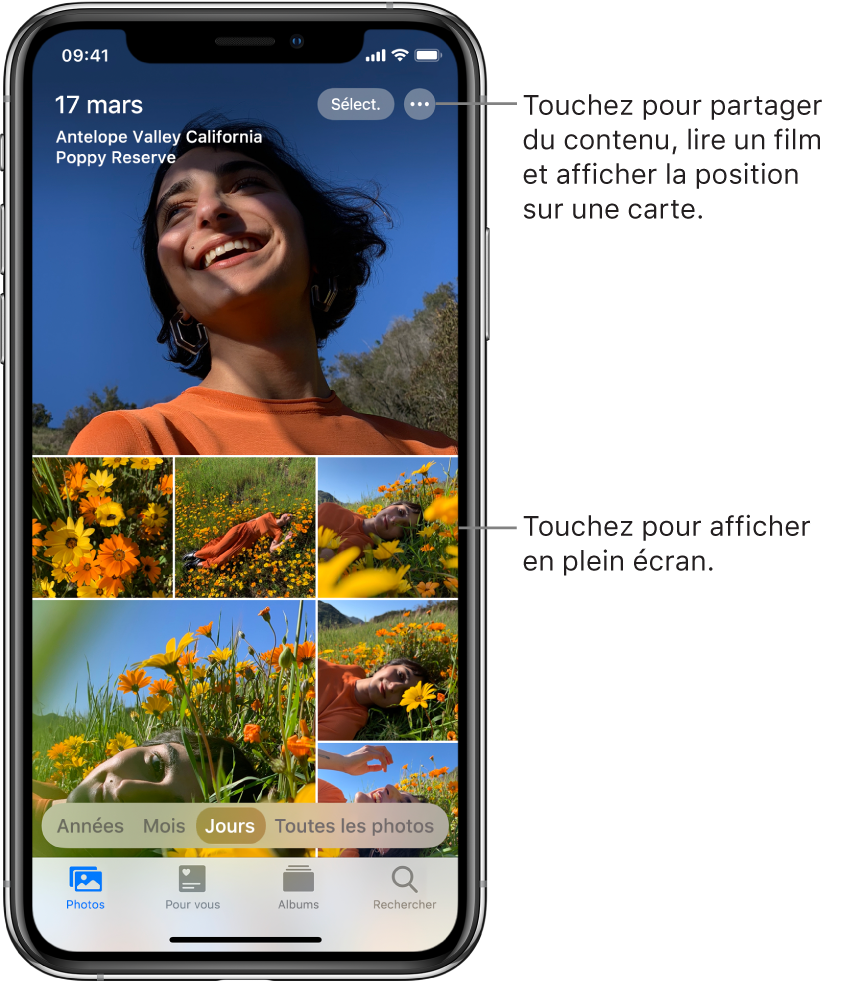La présentation Jours de la photothèque est affichée. Une sélection de vignettes de photos remplit l’écran. En haut à gauche de l’écran se trouvent la date et l’emplacement des photos prises. En haut à droite se trouvent les boutons Sélectionner et « Plus d’options » pour partager les photos et afficher les détails. Sous les vignettes se trouvent des options de présentation de la photothèque : Années, Mois, Jours et « Toutes les photos ». En bas se trouvent les onglets Photos, « Pour vous », Albums et Rechercher.