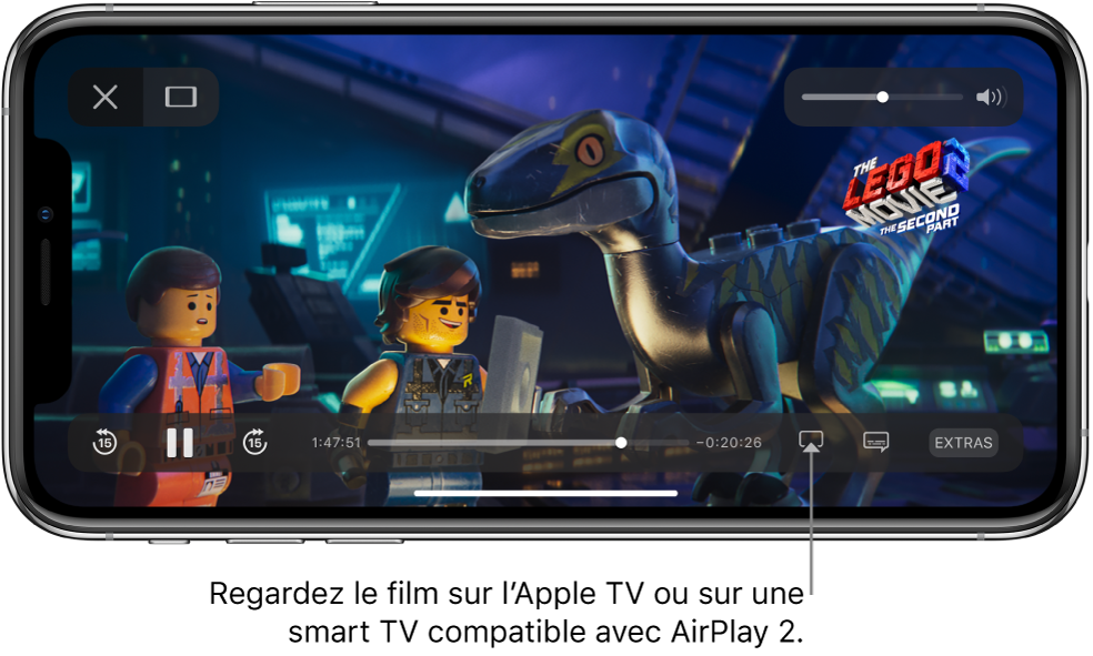 Un film en cours de lecture sur l’écran de l’iPhone. En bas de l’écran se trouvent les commandes de lecture, notamment le bouton « Recopie de l’écran » en bas à droite.