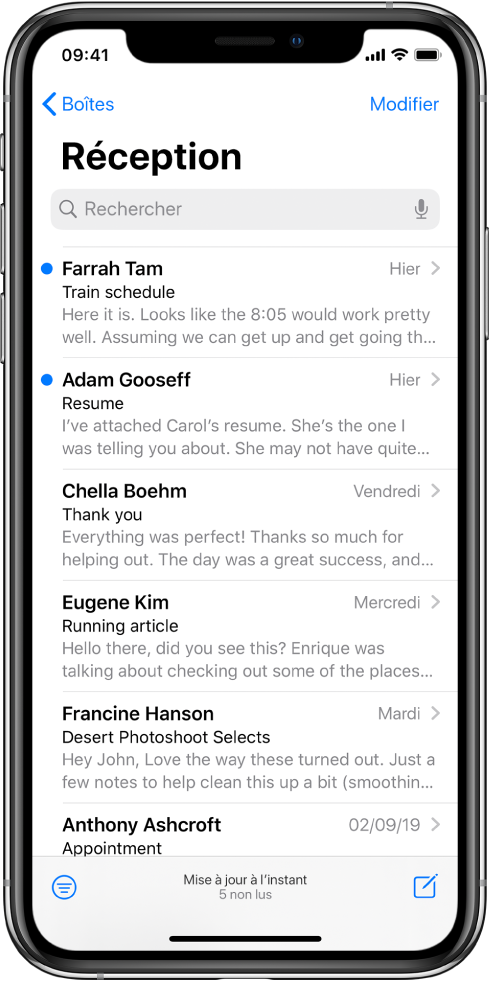 Un aperçu d’un e-mail dans la Boîte de réception avec le nom de l’expédition, l’heure à laquelle l’e-mail a été envoyé, la ligne d’objet et les deux premières de l’e-mail.