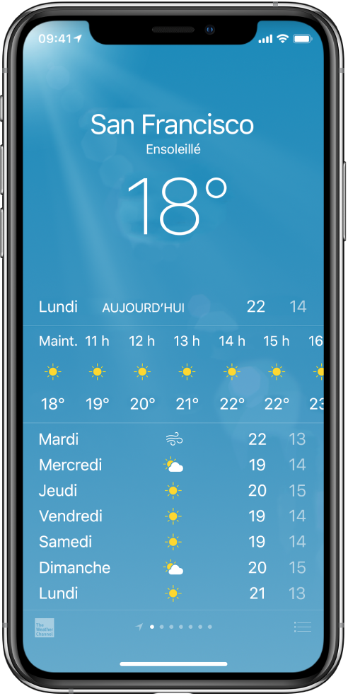 L’écran Météo avec la ville, les conditions actuelles et les températures actuelles. En dessous est affichée la prévision horaire actuelle suivie par celles des 5 prochains jours. Une rangée de points en bas au centre indique le nombre de villes.