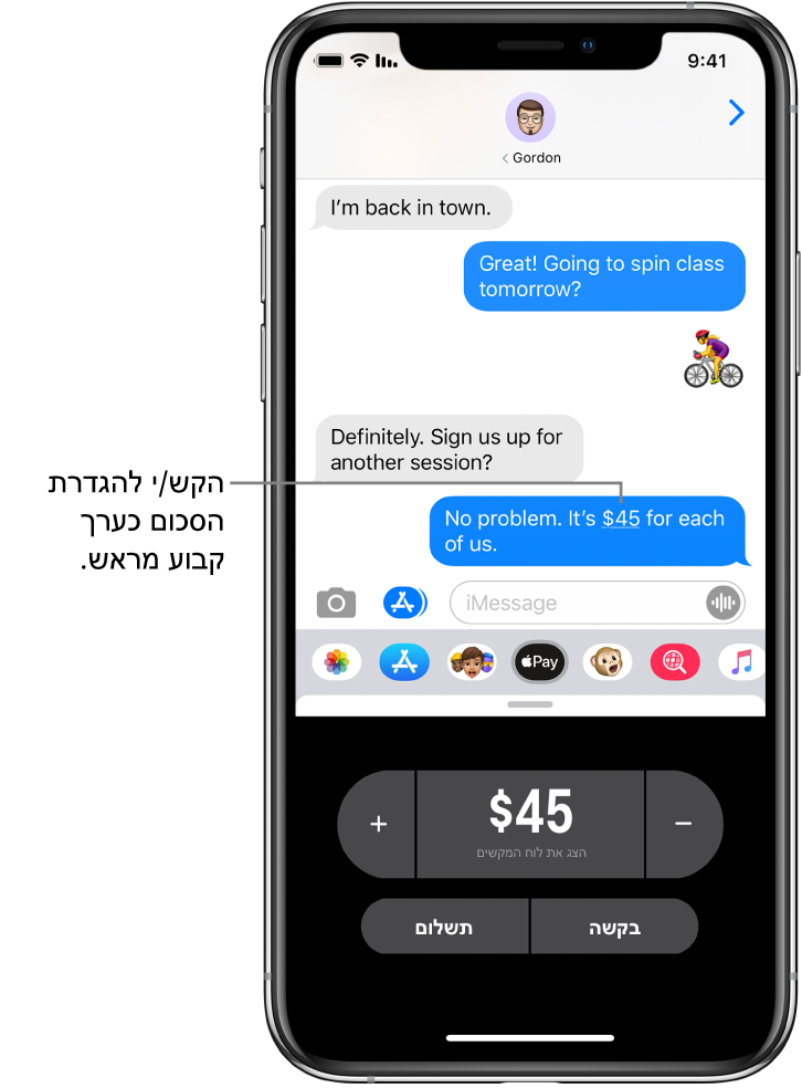 שיחת iMessage עם היישום Apple Pay פתוח למטה.