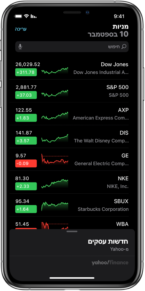 רשימת מניות במעקב עם מניות שונות. כל מניה ברשימה מציגה, משמאל לימין, את סימול המניה ושמה, תרשים ביצועים, מחיר המניה ותנודות במחיר. בראש המסך, מעל לרשימת המעקב, מופיע שדה חיפוש. מתחת לרשימת המעקב מופיע Business News. יש להחליק כלפי מעלה על Business News כדי להציג כתבות.