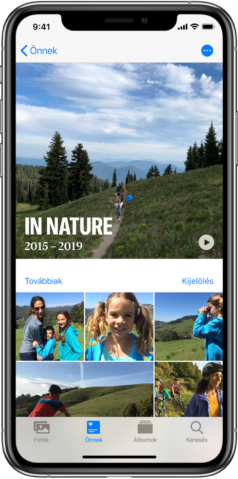Az emlékek képernyője, amelynek tetején egy videó látható. A videó alatt egy fotókból álló gyűjtemény jelenik meg.