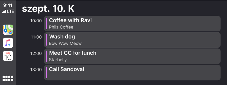 A naptár képernyője a CarPlayben négy olyan eseménnyel, amelyek egy keddi napra, szeptember 10-re vannak ütemezve.
