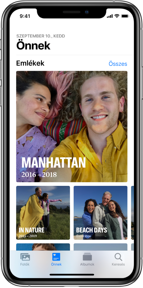 Az Önnek lap különböző emlékek gyűjteményével. Mindegyik emlék borítóképpel, címmel és alcímmel van ellátva. A jobb felső részen lévő Önnek fejléc alatt az Összes megtekintése gomb látható, amelynek segítségével megtekintheti az összes emlékét.