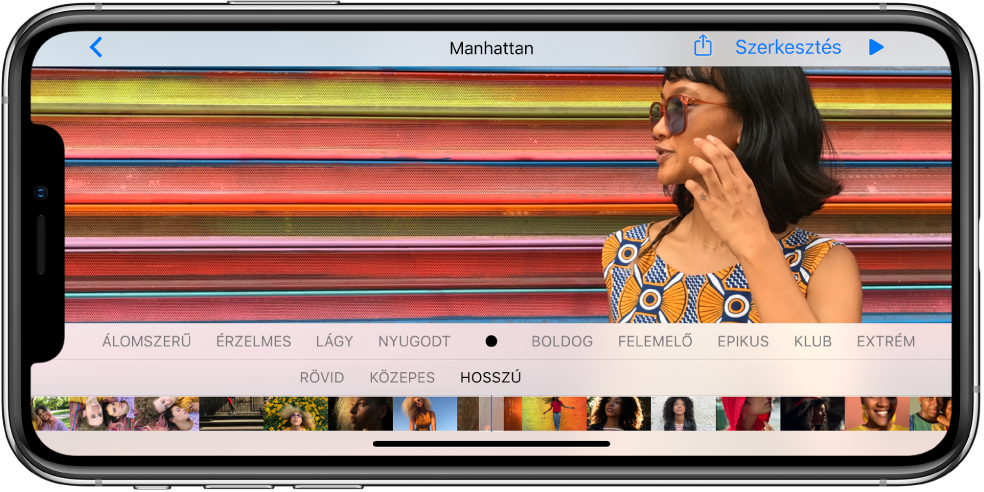 Az emlékek testreszabására használható képernyő. Az emlék előnézete a képernyő tetején jelenik meg. Közvetlenül az előnézet alatt hangulatok láthatók egy sávon, többek között a következők: érzelmes, lágy és nyugodt. A sáv alatt két időtartam található: rövid és közepes. A képernyő alján található a Megosztás és a Lejátszás gomb. A bal felső sarokban egy Vissza gomb, a jobb felső sarokban pedig egy Szerkesztés gomb látható.