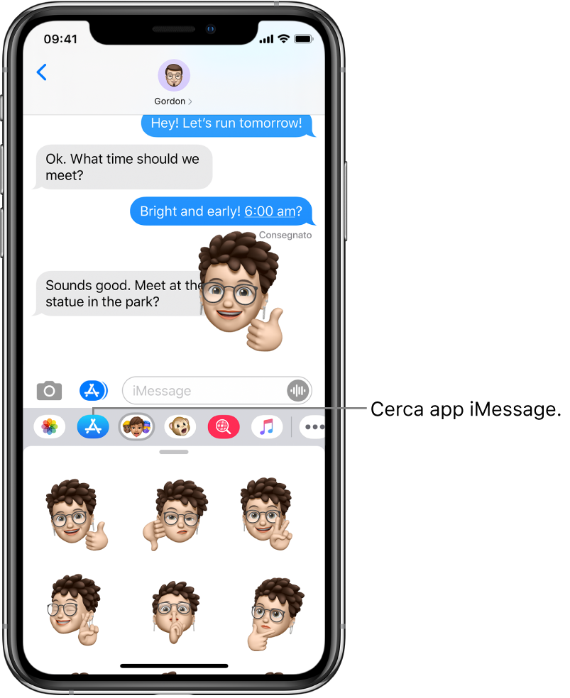 Una conversazione di Messaggi con il pulsante “Browser app di iMessage” selezionato. Il cassetto delle app è aperto e mostra gli adesivi di emoticon.