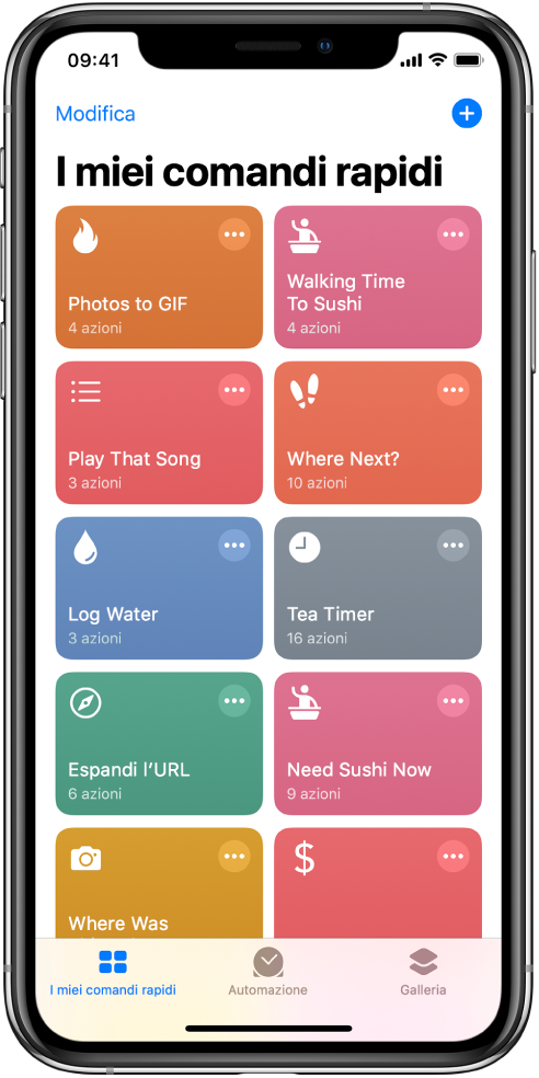 Il pannello “I miei comandi rapidi”. Sono visibili dei comandi rapidi per completare attività comuni quotidiane come impostare un timer per il tè e trovare un ristorante di sushi. In basso sono presenti i pannelli Automazione e Galleria.