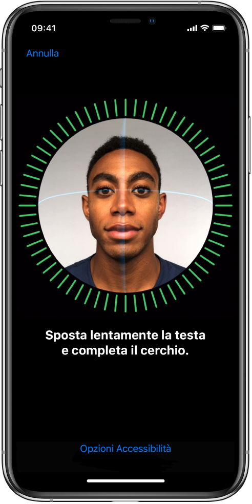 La schermata di configurazione del riconoscimento di Face ID. Sullo schermo è mostrato un volto, racchiuso in un cerchio. Il testo sotto chiede all'utente di spostare la testa lentamente per completare il cerchio.