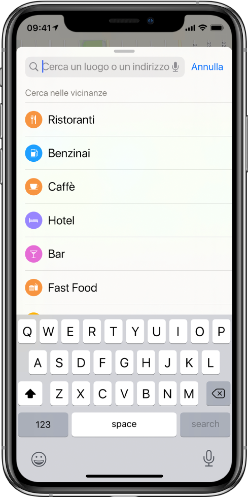 Un elenco che contiene sei servizi mostrati sotto il campo di ricerca. I servizi sono Ristoranti, Stazioni di servizio, Bar, Hotel, Caffetterie e Fast food.