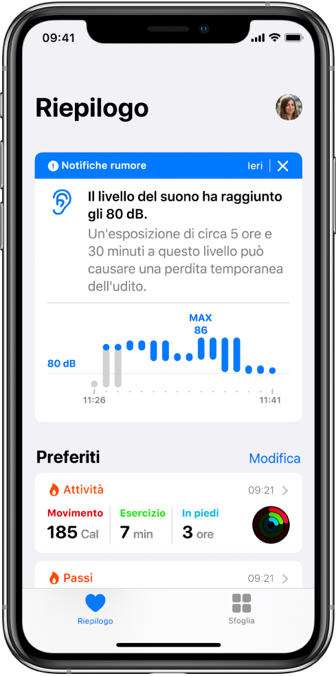 Una schermata di riepilogo che mostra una notifica sul rumore in alto e il riepilogo di due elementi preferiti sotto: Attività e Passi.