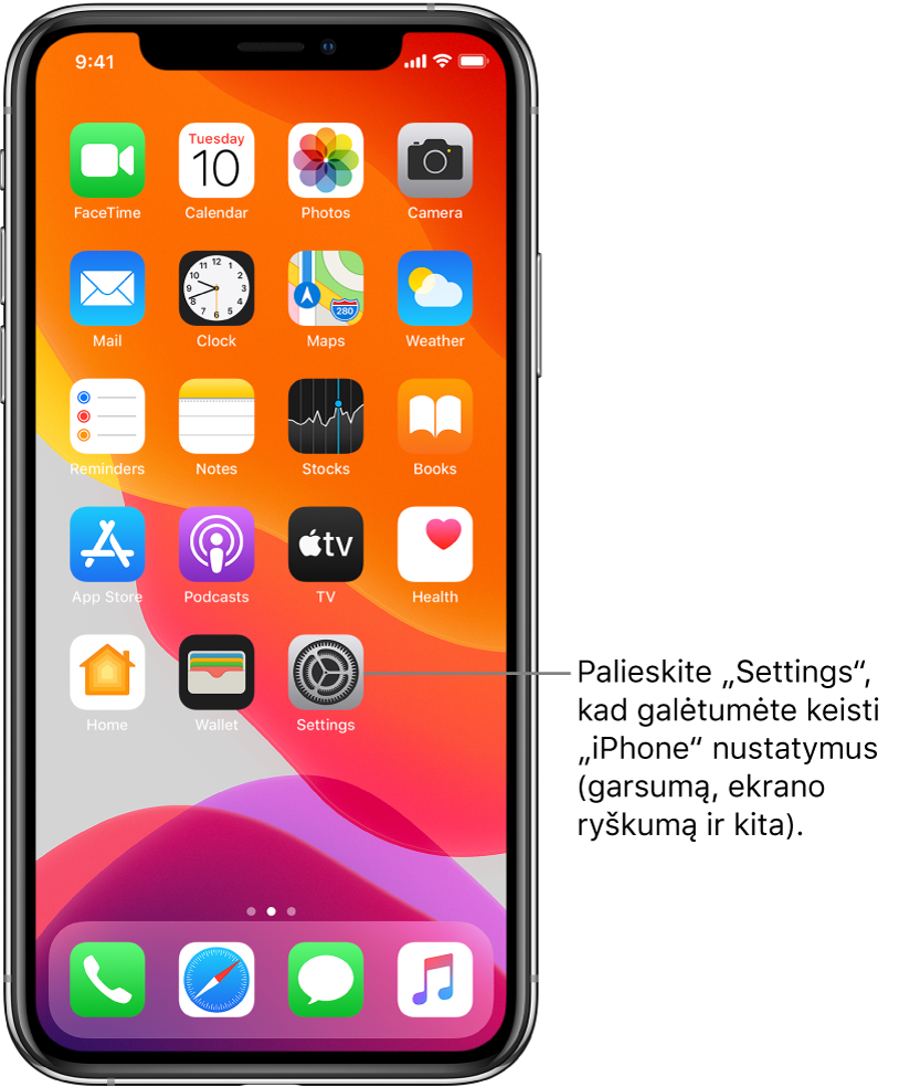Pradžios ekranas su keliomis piktogramomis, įskaitant piktogramą „Settings“, kurią palietę galite keisti „iPhone“ garsumą, ekrano ryškumą ir dar daugiau.
