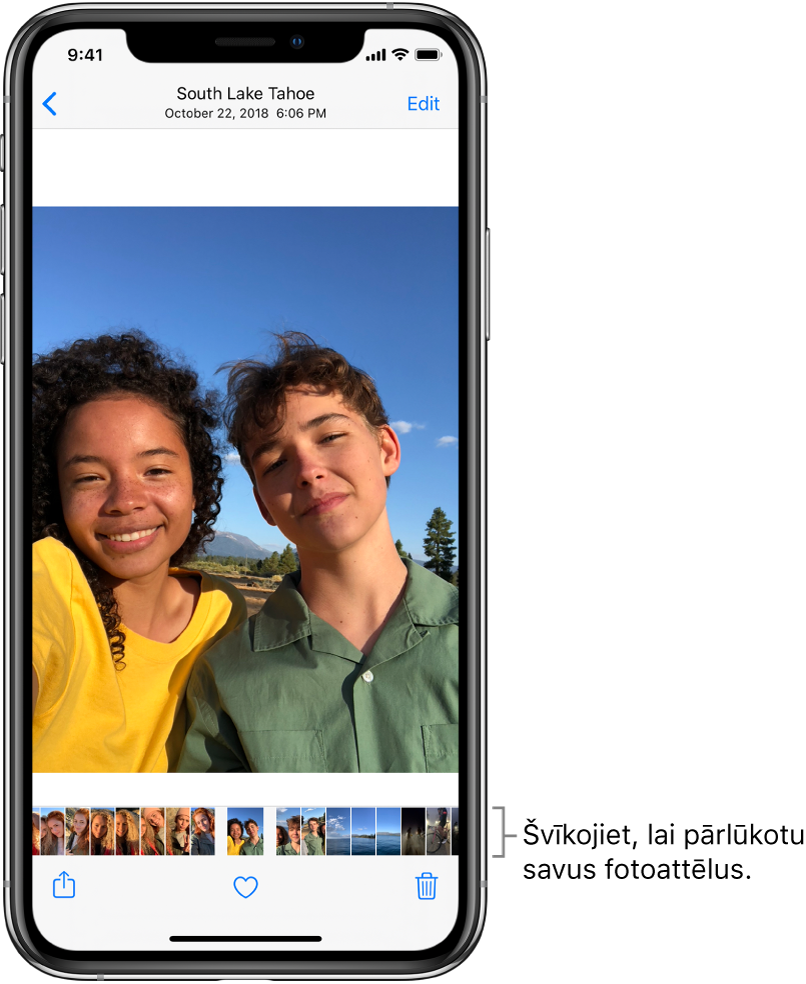 Fotoattēls ar ekrāna apakšdaļā izvietotiem citu fotoattēlu sīktēliem. Augšējā kreisajā stūrī ir atgriešanās poga, kas ļauj atgriezties skatā, kuru izmantojāt pārlūkošanai. Apakšdaļā ir pogas Share, Like un Delete. Augšējā labajā stūrī ir poga Edit.